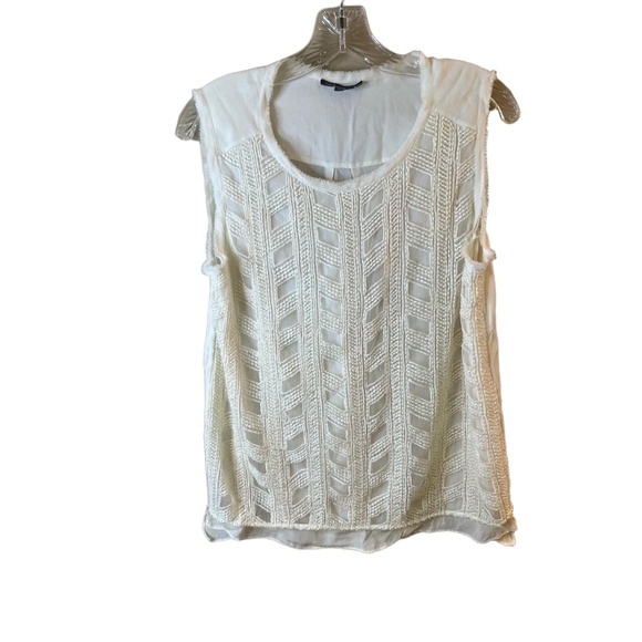 Vince Off White Crew Neck Lace Textured Raw Hem Lined Sleeveless Blouse Large - Picture 1 of 9